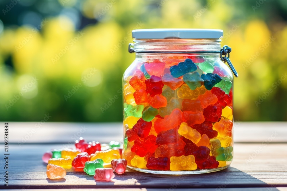 Glass jar full of colorful gummy bears sitting on a wooden table outdoors in bright sunshine