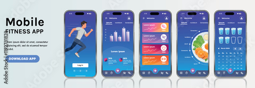 A sleek fitness app interface template featuring responsive design elements, including dashboards, charts, and statistics. Perfect for tracking health, weekly progress, and sports activities