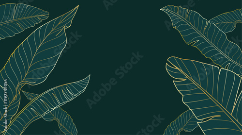 Golden gradient background with banana leaves. Hand drawn luxury tropical leaves on green background. Best for prints, banner, poster, cover, wallpapers.