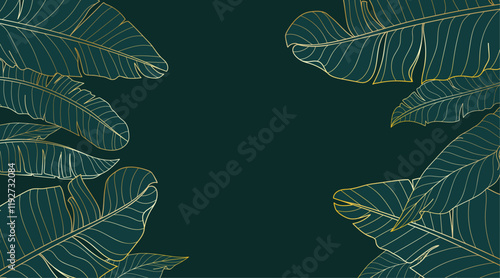Golden gradient background with banana leaves. Hand drawn luxury tropical leaves on green background. Best for prints, banner, poster, cover, wallpapers.