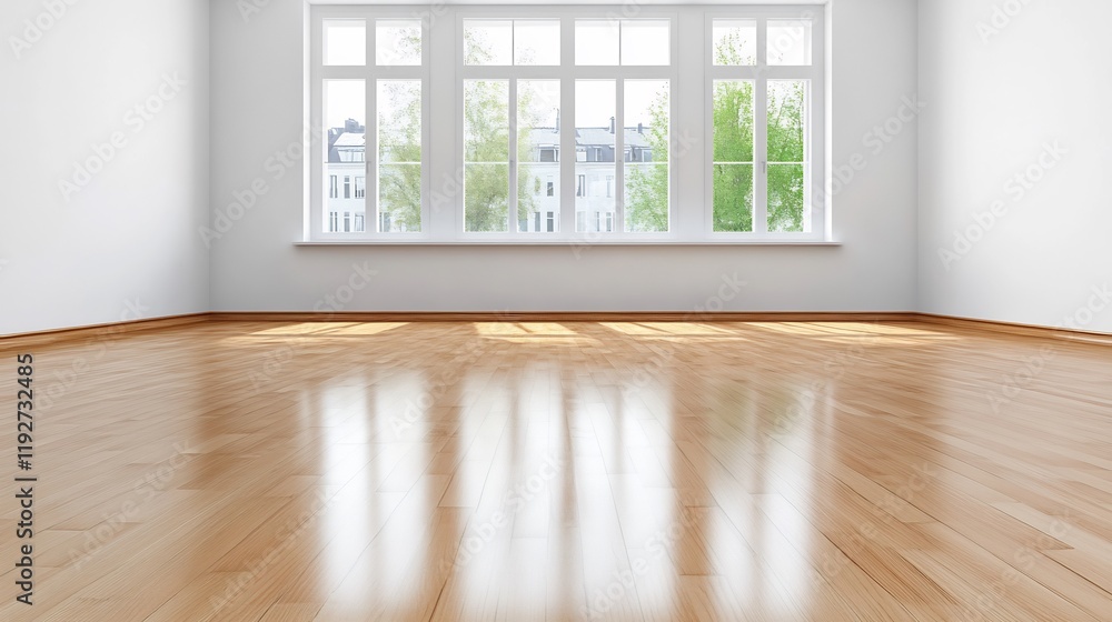 Bright Sunlight Reflects Gleaming Hardwood Floor in Empty Room. AI Generated Bright Sunlight Reflects Gleaming Hardwood Floor in Empty Room. AI Generated