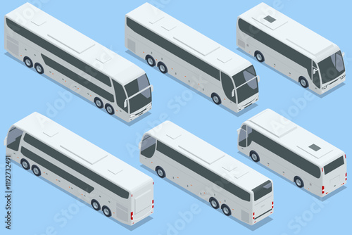 Single-colored white intercity buses. Isometric vector design featuring white intercity buses. Perfect for travel, transportation, and fleet management graphics