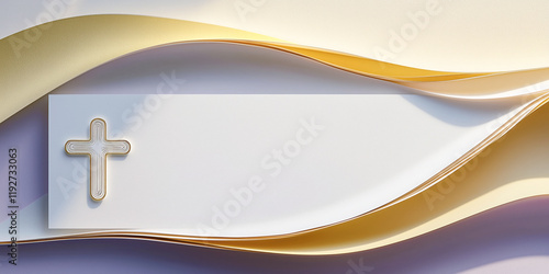 Religion background Christian Cross geometric gold white lilac yellow, copy space for bible verse, baptism, first communion, Easter Sunday message