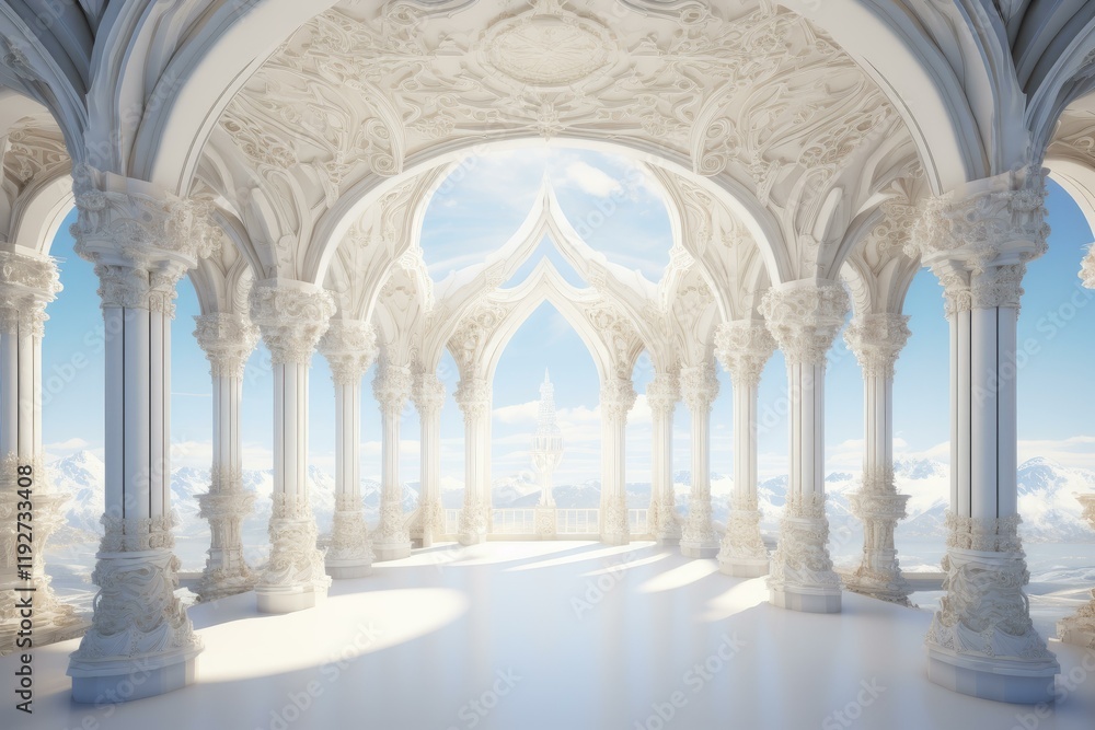 Obraz premium Ornate white marble palace with columns overlooking a majestic snowy mountain range and blue sky, creating a dreamy and ethereal atmosphere