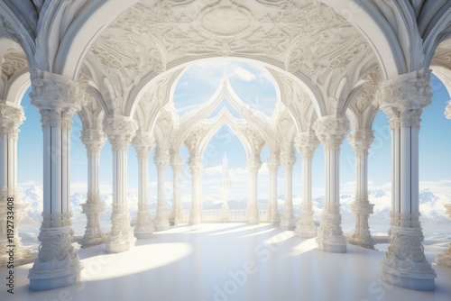 Ornate white marble palace with columns overlooking a majestic snowy mountain range and blue sky, creating a dreamy and ethereal atmosphere