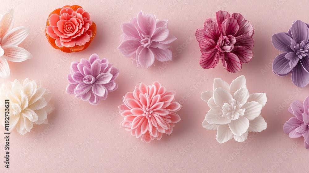 custom made wallpaper toronto digitalAssorted plastic floral hairclips, radiating bright hues on a gentle pink and lavender background, captured in a minimalist yet lively style