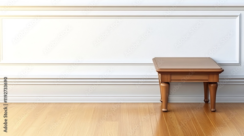 Fototapeta premium Warm light illuminates small wooden table against white paneled wall. AI Generated