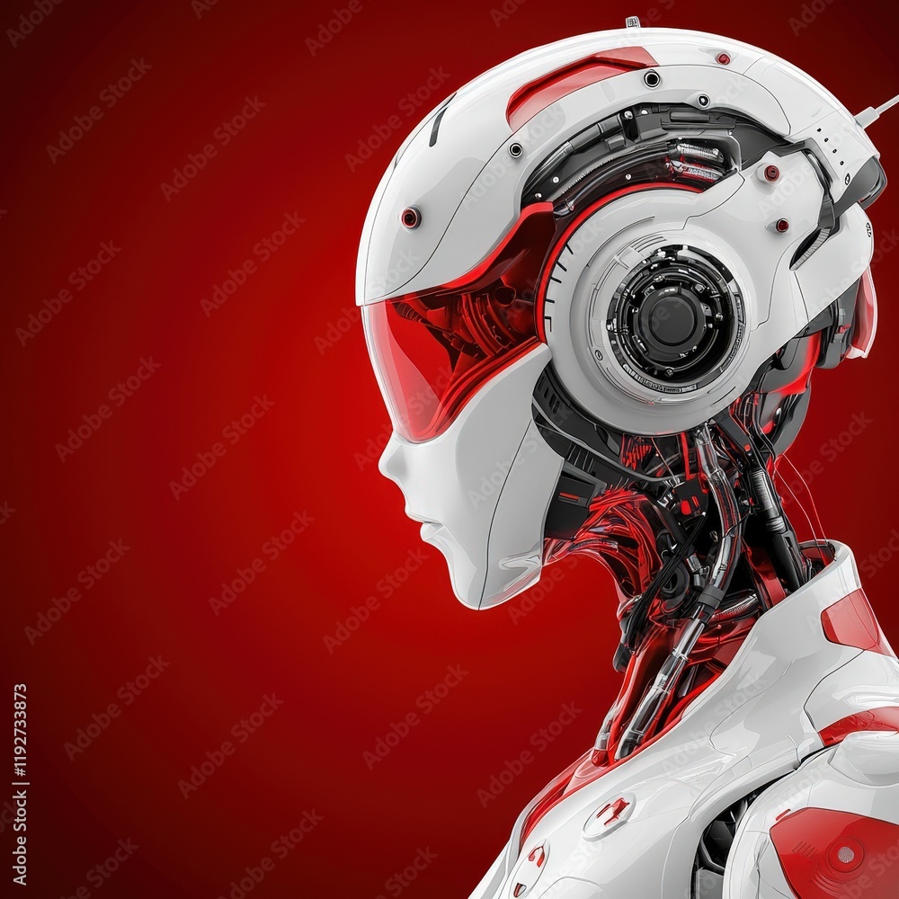 Fototapeta premium Futuristic Robot with Red Background and Hi-Tech Features