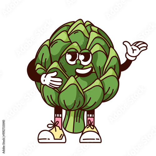 Groovy artichoke cartoon character with hand up. Funny retro green cute buds with happy face. Food, gourmet vegetable mascot, cartoon globe artichoke sticker of 70s 80s style vector illustration