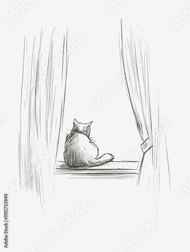 Cat on windowsill sketch, looking out, curtains open.