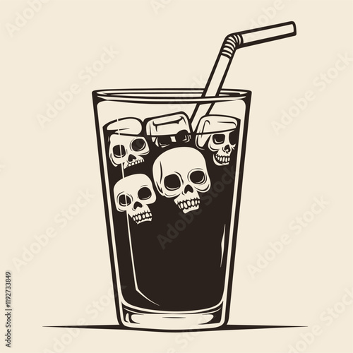 Minimalist illustration of a drink with skull ice cubes.