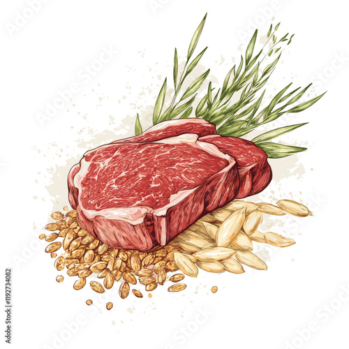 Detailed illustration of a marbled raw steak with grains and herbs.