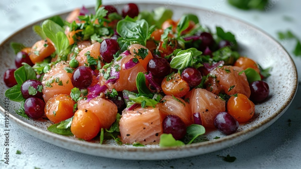 A vibrant salmon salad with red and green grapes, fresh herbs, and red onion, plated beautifully for a healthy and delicious meal. A vibrant salmon salad with red and green grapes, fresh herbs, and red onion, plated beautifully for a healthy and delicious meal.