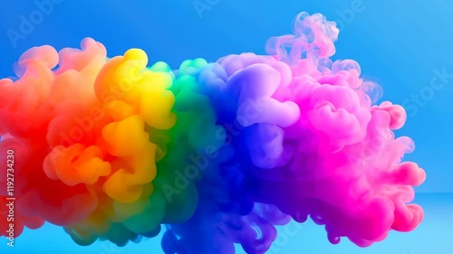 Vibrant Explosion of Colorful Smoke Swirls Against Bright Blue Background Creating Dynamic and Mesmerizing Abstract Pattern with Spectrum of Hues and Artistic Display