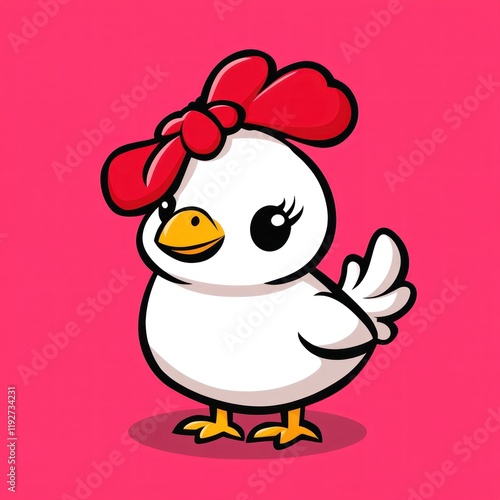 Cute hen chick cartoon, pink background, farm animal, digital illustration, children's book photo