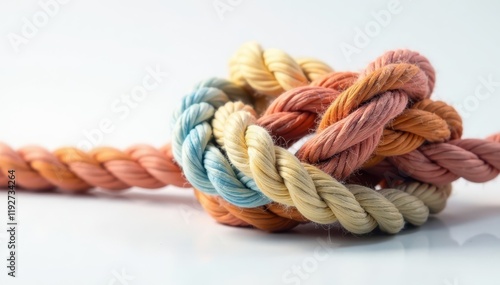 Complexly woven rope knot, sharp focus Clean white backdrop , texture, close-up, secure photo