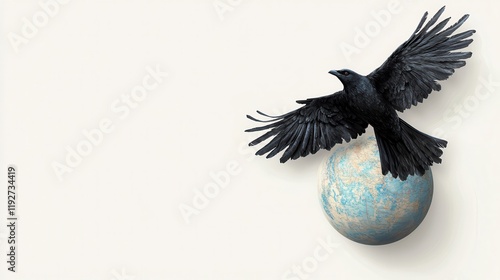 Bird Flying Over Globe with Clean White Space photo