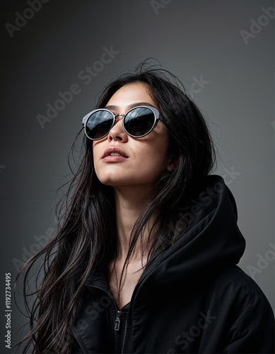 Wallpaper Mural High-Fashion Asian Woman in Black Hooded Jacket and Sunglasses Studio Portrait Torontodigital.ca