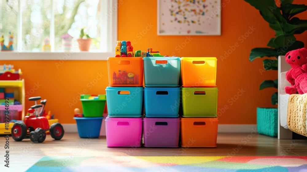Stackable toy bins offering flexibility in storage on a vibrant playroom backdrop, modular design theme Stackable toy bins offering flexibility in storage on a vibrant playroom backdrop, modular design theme