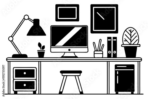 Minimalist Black and White Workspace Illustration with Tech Setup. Vector illustration of a minimalist home office setup with desk laptop and supplies ideal for remote work