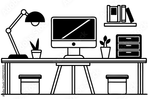 Minimalist Black and White Workspace Illustration with Tech Setup. Vector illustration of a minimalist home office setup with desk laptop and supplies ideal for remote work