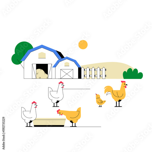 Farm Scene With Chickens In Flat Vector Illustration Symbolizing Agriculture, Rural Life, And Farming, Isolated On White Background