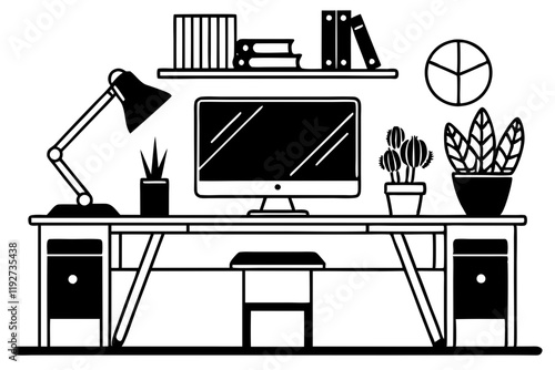 Minimalist Black and White Workspace Illustration with Tech Setup. Vector illustration of a minimalist home office setup with desk laptop and supplies ideal for remote work