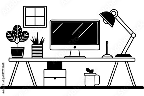 Minimalist Black and White Workspace Illustration with Tech Setup. Vector illustration of a minimalist home office setup with desk laptop and supplies ideal for remote work