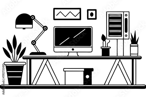 Minimalist Black and White Workspace Illustration with Tech Setup. Vector illustration of a minimalist home office setup with desk laptop and supplies ideal for remote work