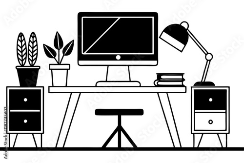 Minimalist Black and White Workspace Illustration with Tech Setup. Vector illustration of a minimalist home office setup with desk laptop and supplies ideal for remote work