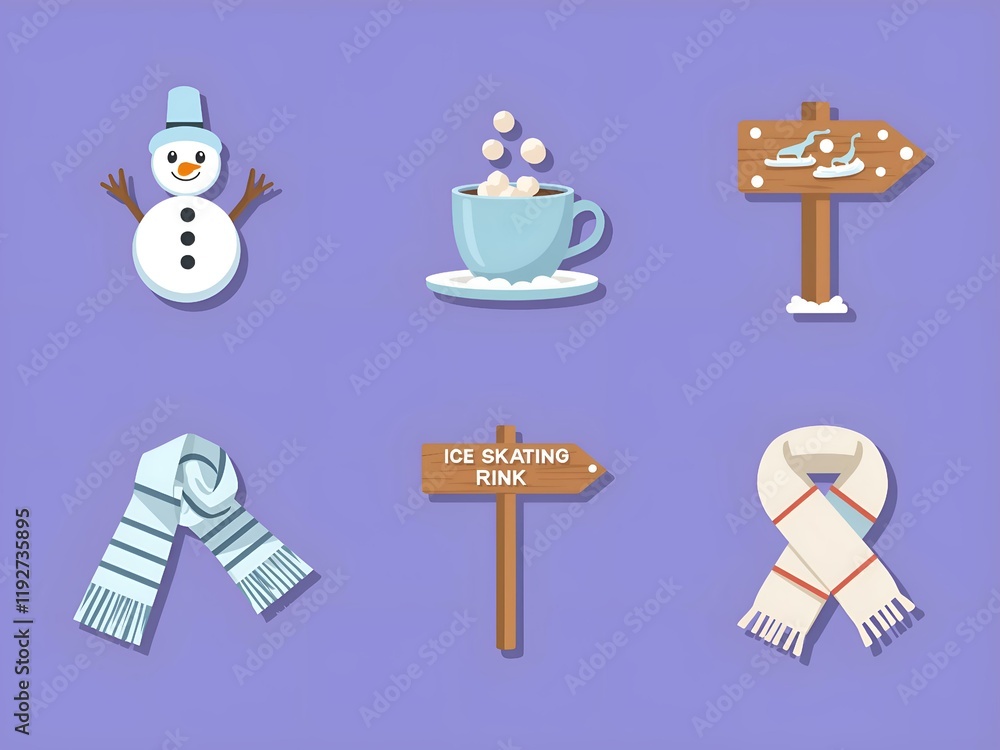 Cheerful winter scene featuring snowman, hot cocoa, and ice skating rink signs, digital illustration of seasonal theme concept. Cheerful winter scene featuring snowman, hot cocoa, and ice skating rink signs, digital illustration of seasonal theme concept.