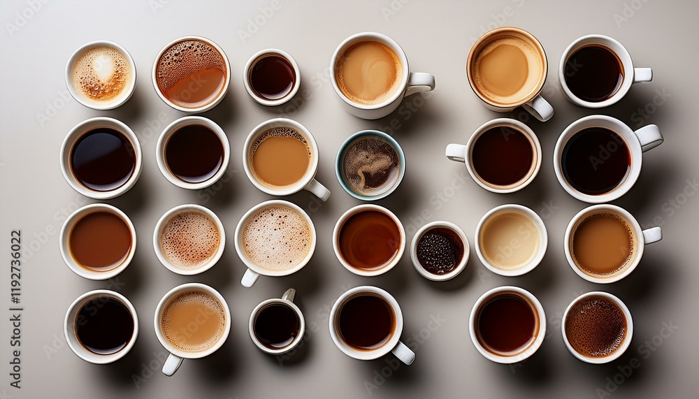 Top view of many hot coffee cups on a table Generated image Top view of many hot coffee cups on a table Generated image