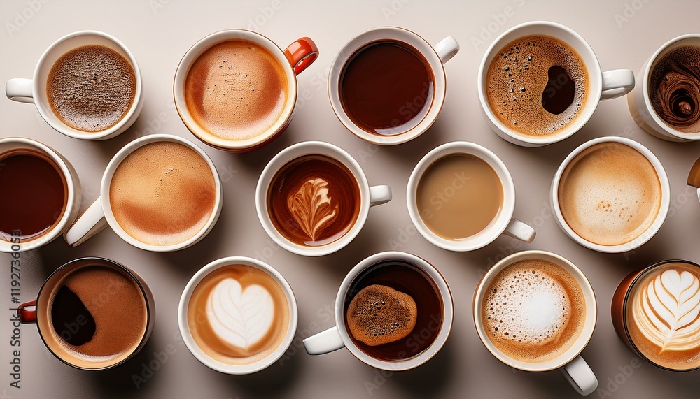 Top view of many hot coffee cups on a table Generated image Top view of many hot coffee cups on a table Generated image