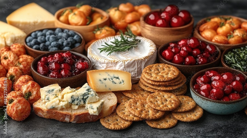 A delectable spread of cheeses, fruits, and crackers arranged on a rustic surface, perfect for a holiday gathering or special occasion. A delectable spread of cheeses, fruits, and crackers arranged on a rustic surface, perfect for a holiday gathering or special occasion.