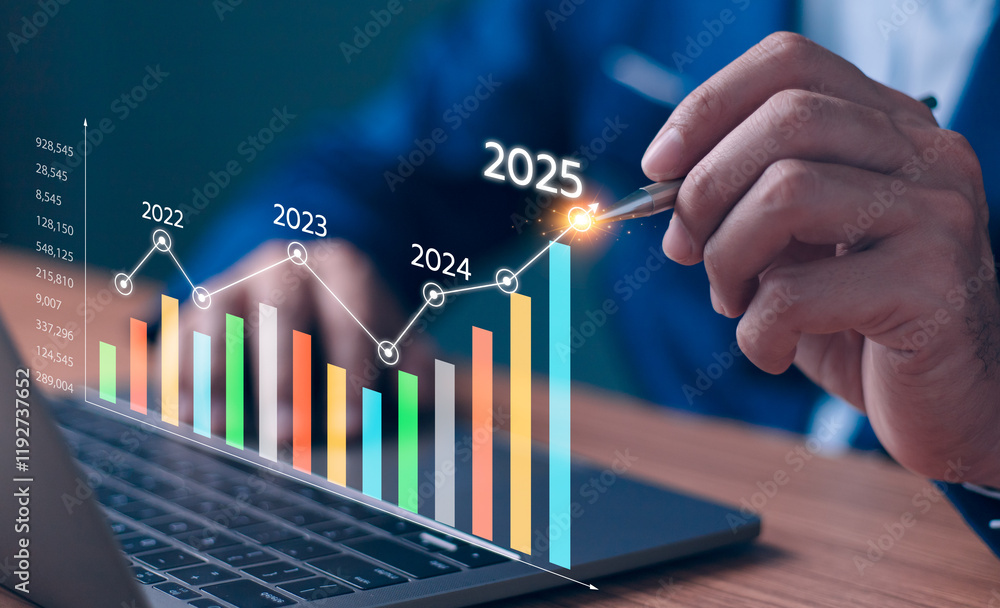 2024 to 2025 business financial plan market concept, performance of profit growth on 2024, education trend up finance on growth graph money revenue, Businessman analyzes profitability of working.