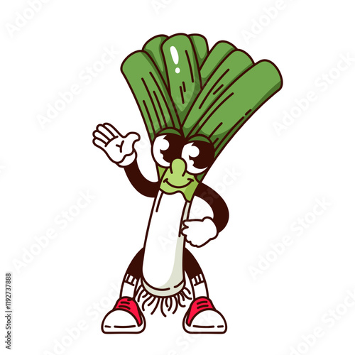 Groovy leek cartoon character with green leaves waving. Funny retro vegetable of summer garden with big eyes and legs. Food mascot, cartoon happy leek sticker of 70s 80s style vector illustration