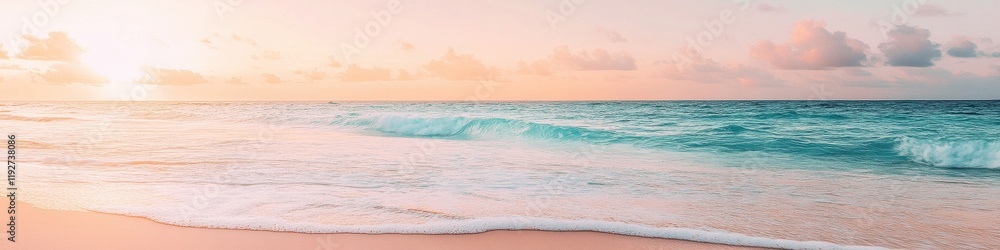 Serene beach sunset with gentle waves and vibrant ocean colors at twilight Serene beach sunset with gentle waves and vibrant ocean colors at twilight