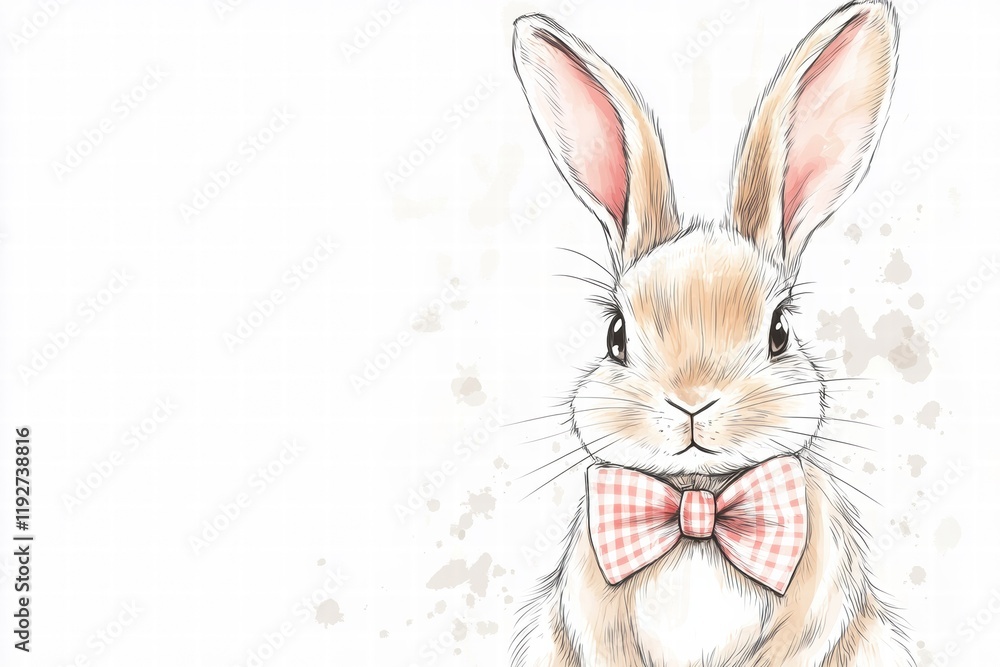 Fototapeta premium Cute illustrated rabbit wearing a checkered bow tie against a light background with subtle texture. Generative AI
