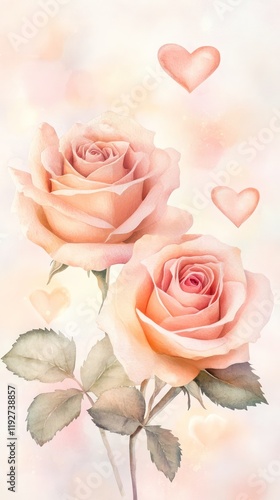 Watercolor roses in shades of light pink and peach subtle heart bokeh effect in the background