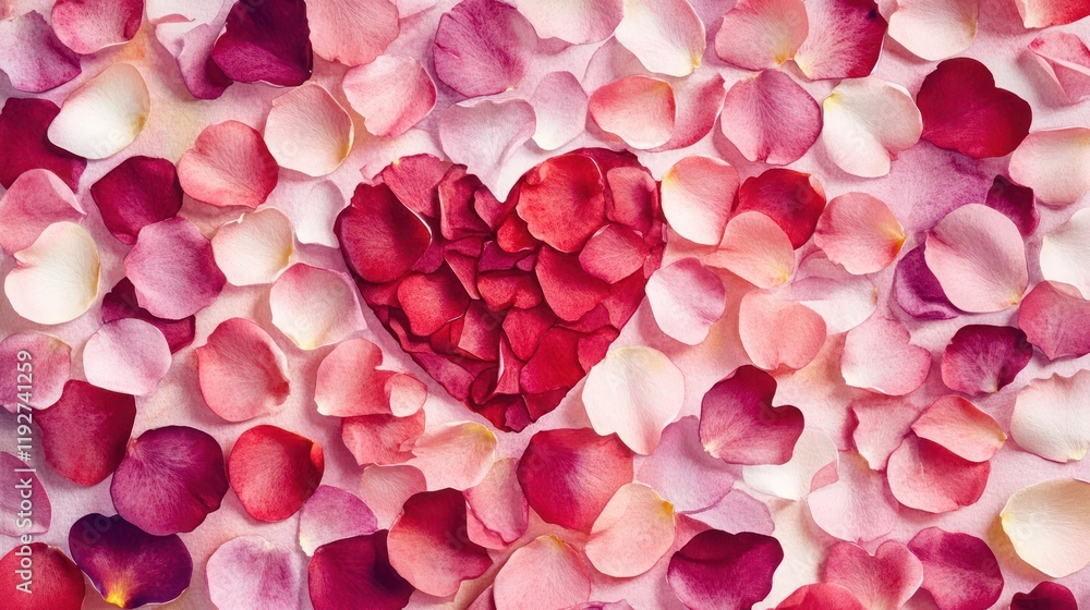Watercolor texture with scattered rose petals in shades of pink and red heart-shaped pattern Watercolor texture with scattered rose petals in shades of pink and red heart-shaped pattern
