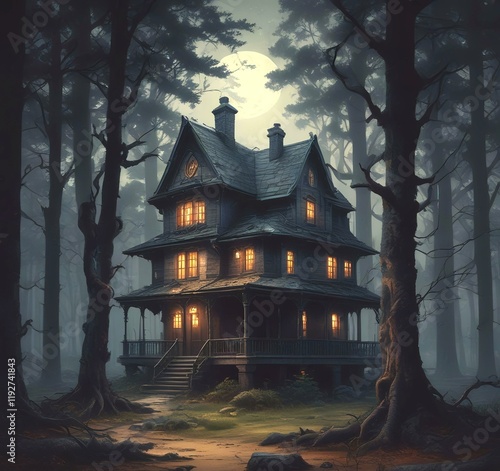 Illustration of ghost house in creepy forest. photo