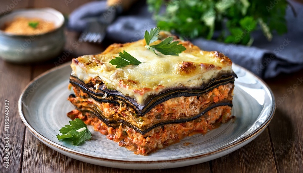Generated image Authentic Greek moussaka with layers of eggplant and béchamel sauce Generated image Authentic Greek moussaka with layers of eggplant and béchamel sauce
