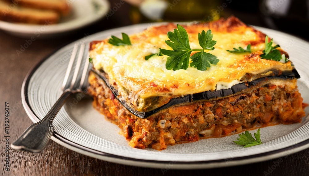 Generated image Authentic Greek moussaka with layers of eggplant and béchamel sauce Generated image Authentic Greek moussaka with layers of eggplant and béchamel sauce