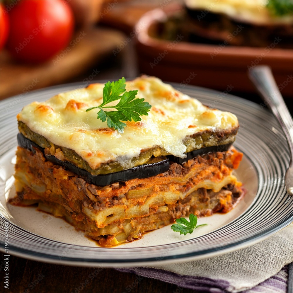 Generated image Authentic Greek moussaka with layers of eggplant and béchamel sauce Generated image Authentic Greek moussaka with layers of eggplant and béchamel sauce