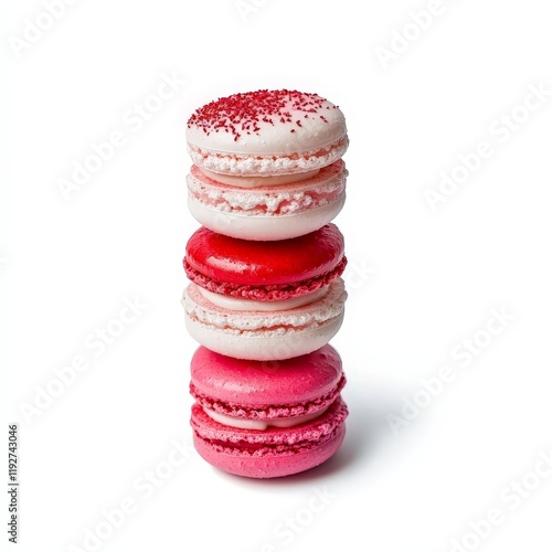 Valentine's Day Colorful Assortment of Macarons Stacked Neatly on a Rustic Wooden Table Surrounded by Soft Natural Light Creating an Elegant and Inviting Atmosphere Valentine's Dayisolate white backgr