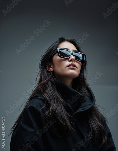 Wallpaper Mural High-Fashion Asian Woman in Black Hooded Jacket and Sunglasses Studio Portrait Torontodigital.ca