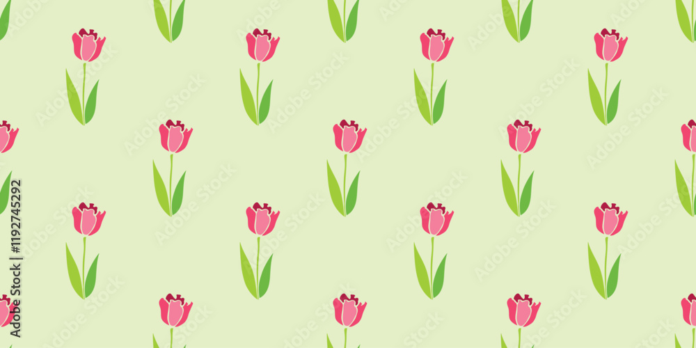 Vector seamless pattern with red tulip flowers. Cute bright texture, backdrop for wrapping paper, textile. Topic of spring, blooming nature, holidays design Vector seamless pattern with red tulip flowers. Cute bright texture, backdrop for wrapping paper, textile. Topic of spring, blooming nature, holidays design