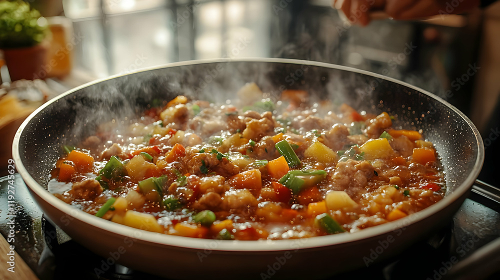 Aromatic Stew Simmering in a Pan with Colorful Vegetables and Meat Aromatic Stew Simmering in a Pan with Colorful Vegetables and Meat