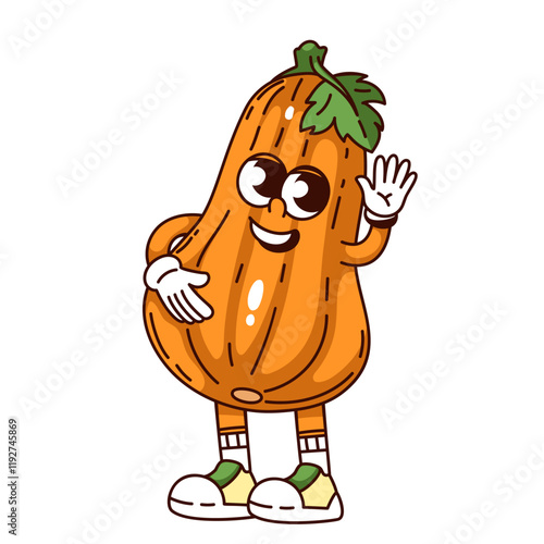 Groovy pumpkin cartoon character waving hand. Funny retro positive orange squash of autumn harvest greeting. Food, vegetable mascot, cartoon pumpkin sticker of 70s 80s style vector illustration