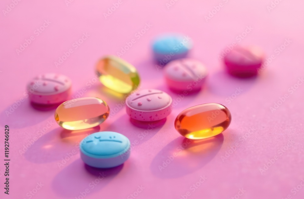 an assortment of vibrant pills and capsules on a pink surface an assortment of vibrant pills and capsules on a pink surface